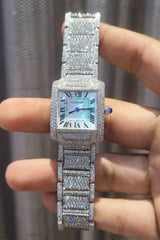 Cartier Santos Silver Dial Roman Numerals Blue Face Diamond Bezel Fully Iced Two Tone Moissanite Diamond Watch For Women