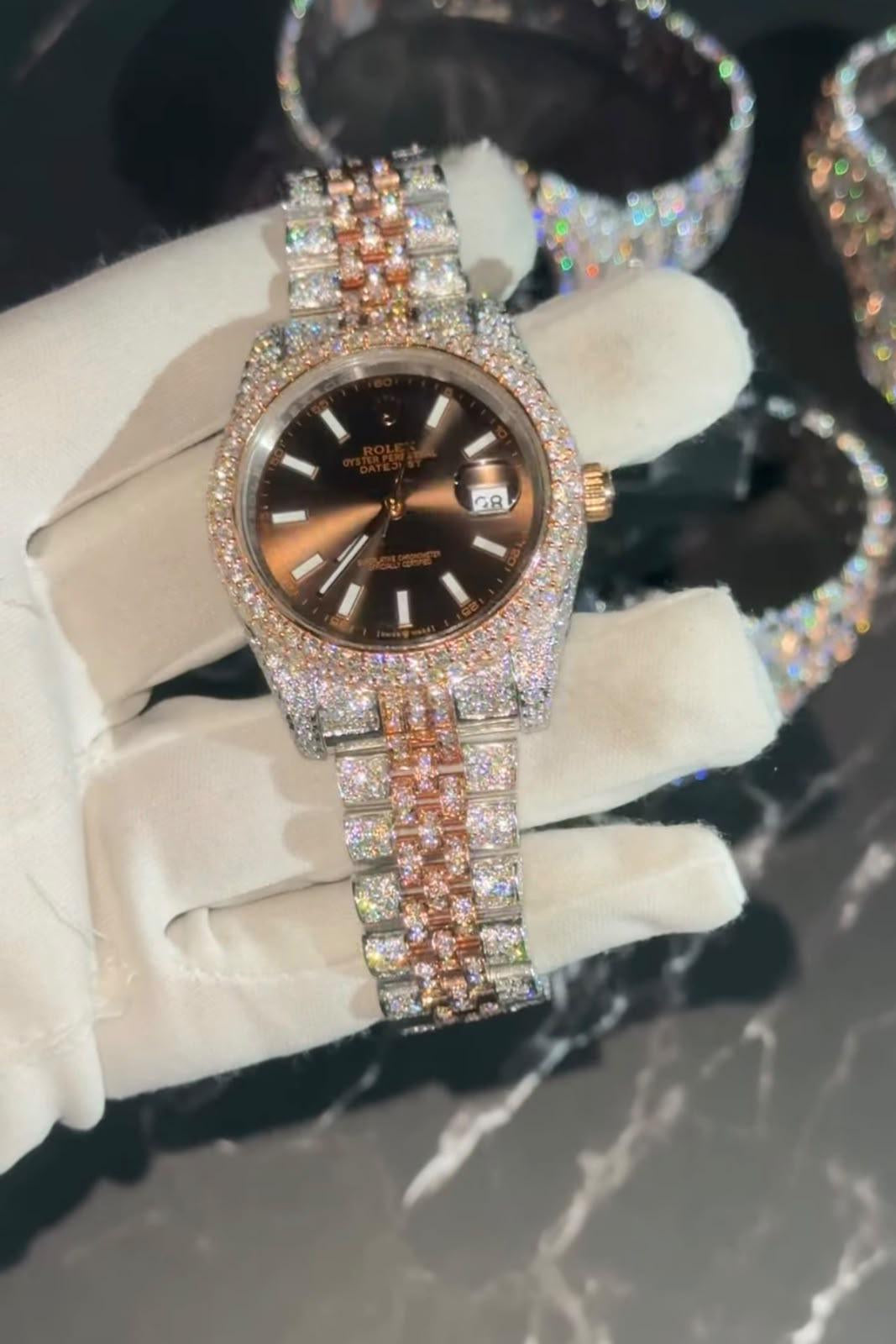 Bust Down Chocolate Brown Face Fuly Two Tone Rose & White Moissanite Watch | 41MM | 14K